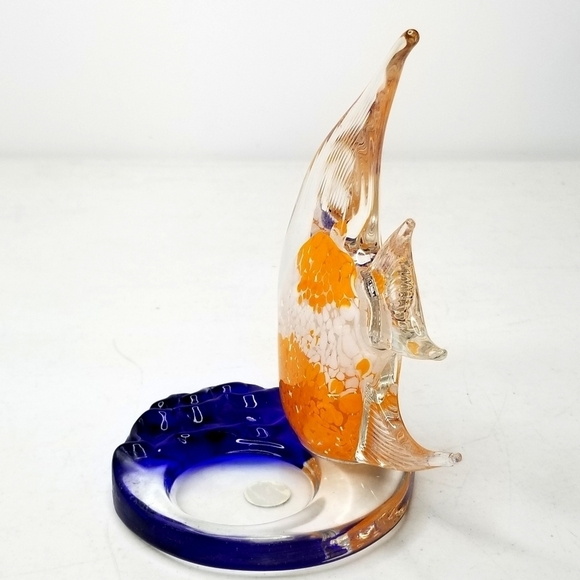 Art Glass Clear, Orange, White & Blue Angel Fish Tea Light Candle Holder - Picture 6 of 9